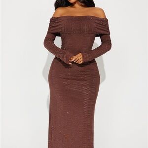 Fashion Nova Brown Ruched Off-Shoulder Bodycon Dress